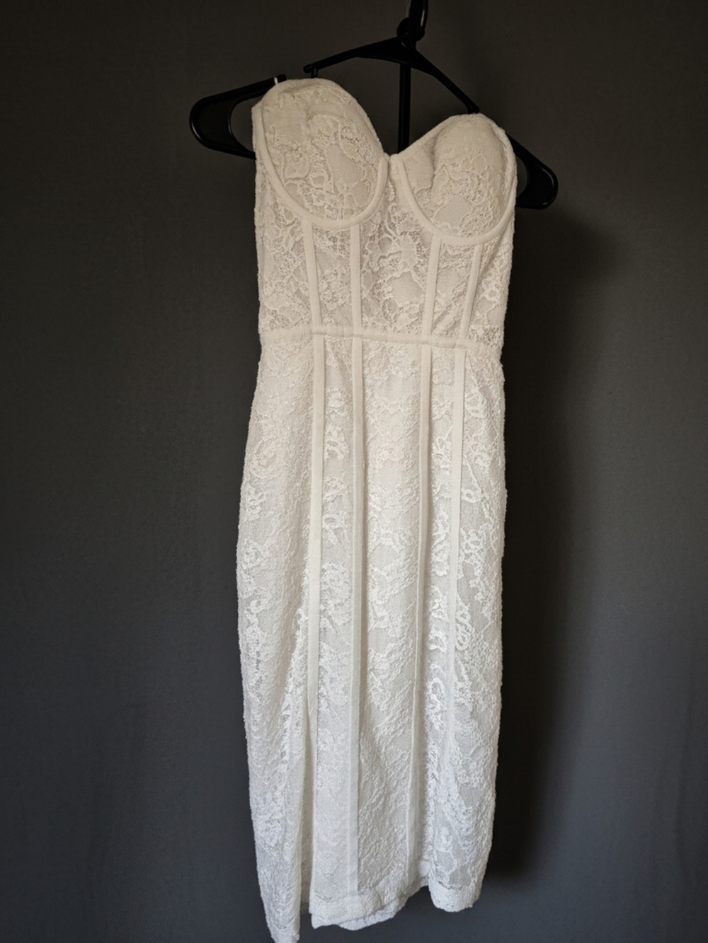 bebe Ivory Boustier Strapless Floral Lace Midi Bodycon Dress Size 4